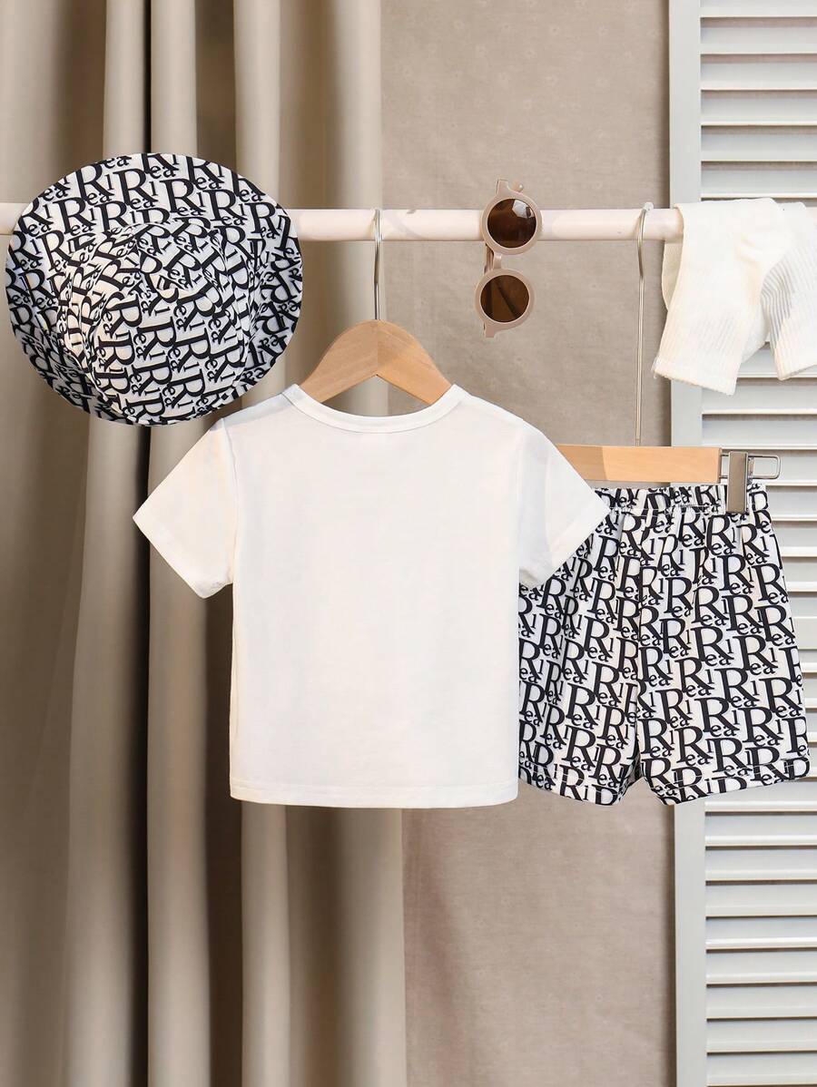 Baby Boy All-Over Print Knit T-Shirt, Shorts And Hat Set