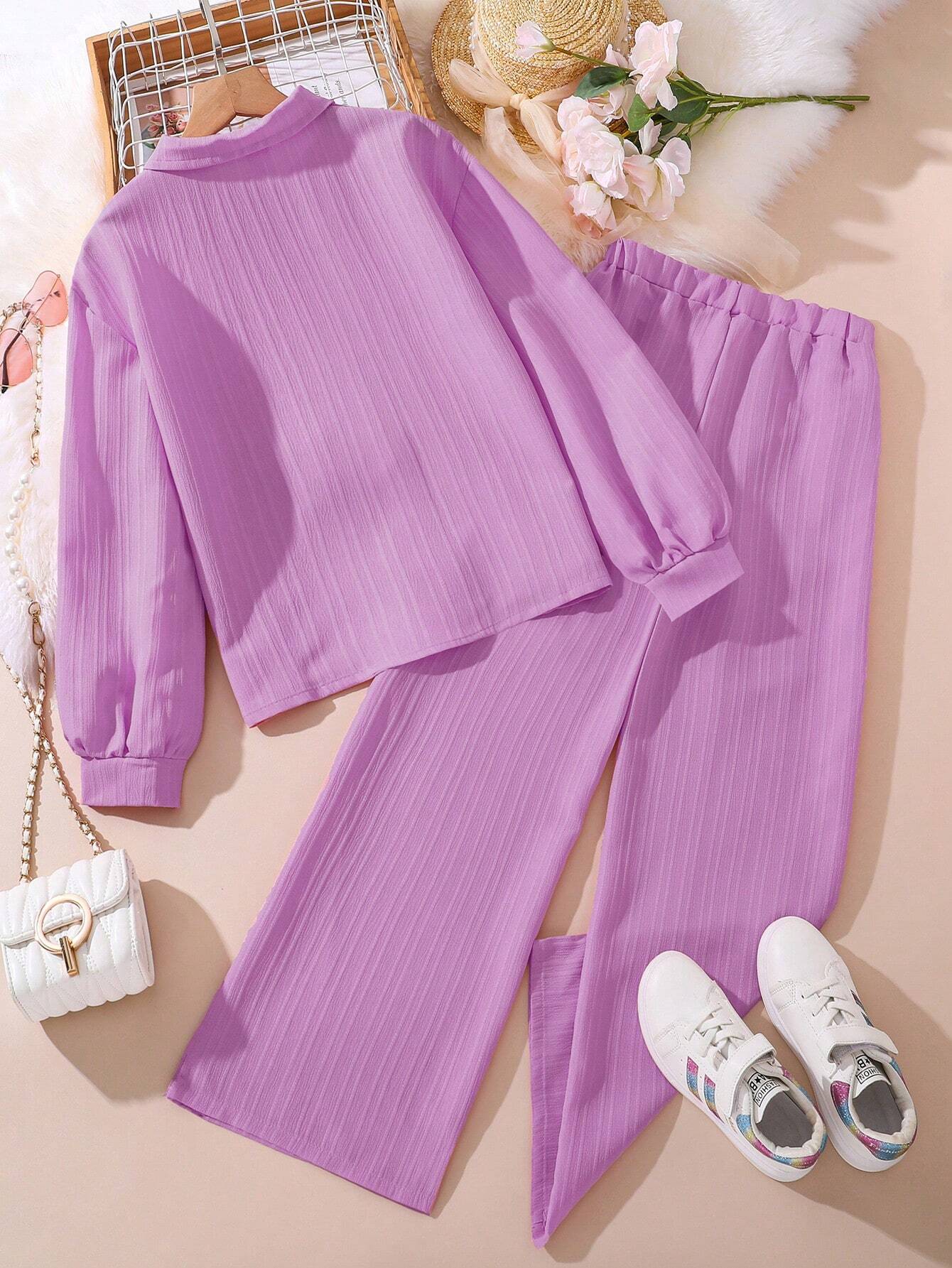Tween Girl 2-Piece Set New Autumn Turn-Down Collar Long Sleeve Shirt And Long Pants