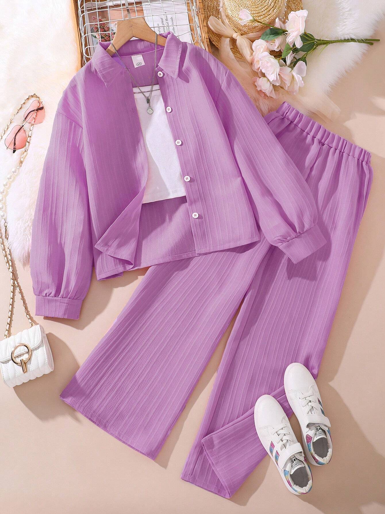 Tween Girl 2-Piece Set New Autumn Turn-Down Collar Long Sleeve Shirt And Long Pants Purple