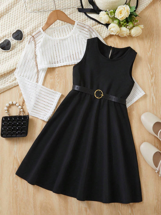 2pcs Solid Color Outfit Set Black & White