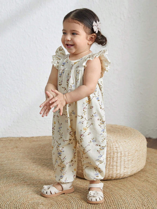 Baby Girl Knitted Floral Pattern Soft Round Neck Sleeveless Jumpsuit With Ruffled Waistband Apricot