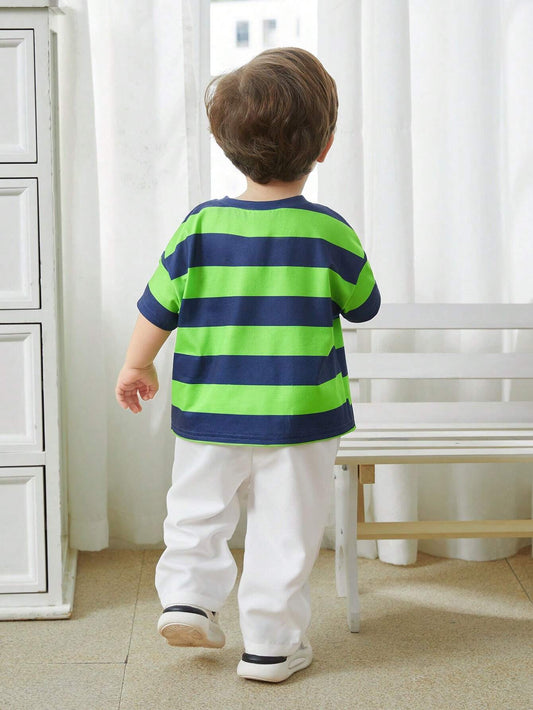 Fashionable And Cute Striped Letter Print Short Sleeve T-Shirt And Solid Color Pants Set