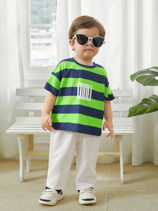 Fashionable And Cute Striped Letter Print Short Sleeve T-Shirt And Solid Color Pants Set Multicolor