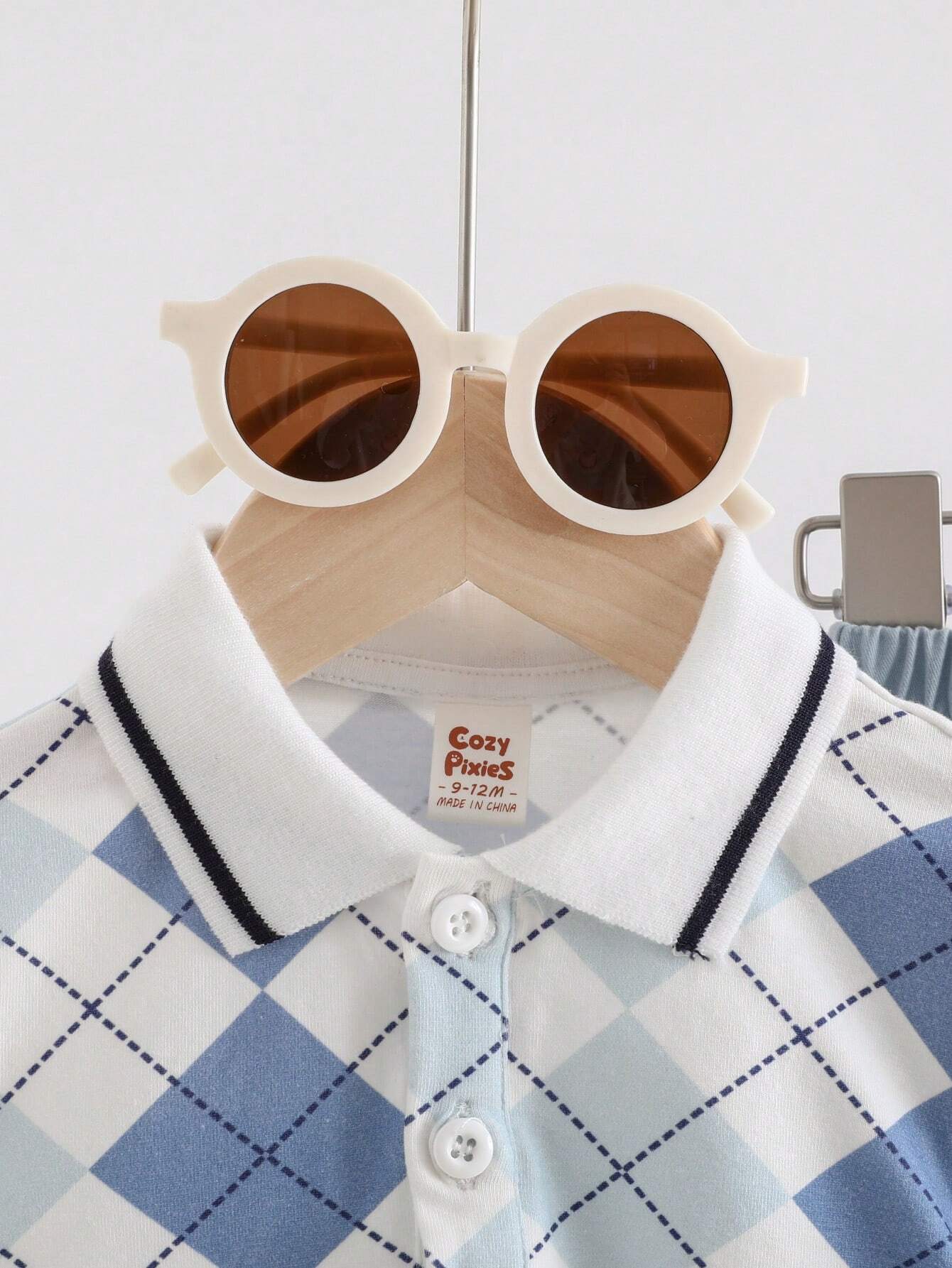 Baby Boy Colorful Plaid Contrast Collar Short Sleeve Button-Up Top Solid Color Shorts Outfit