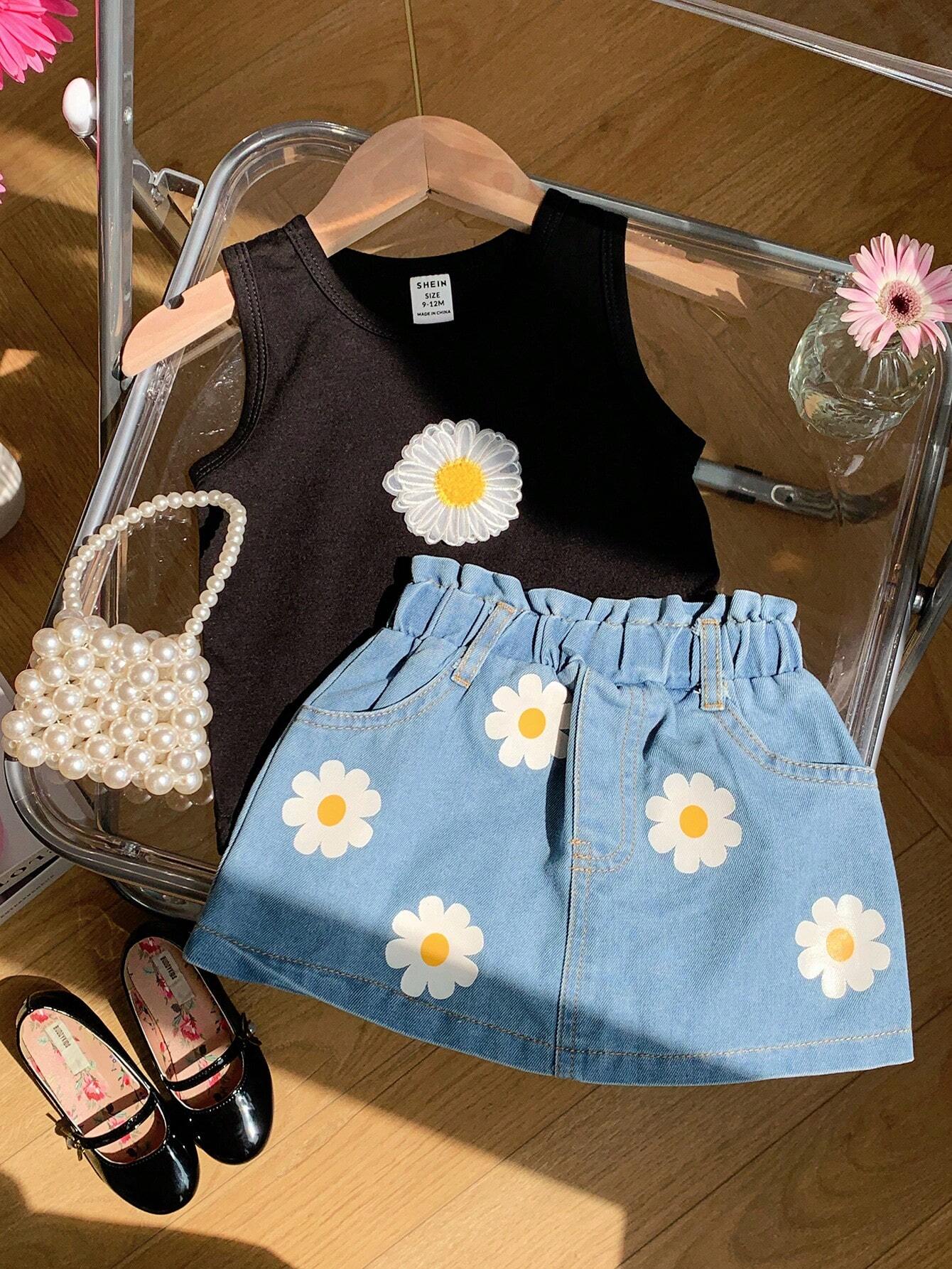 2pcs Infant Girls Casual Everyday Versatile 3D Daisy Flower Woven Label Tank Top & Skirt Khaki