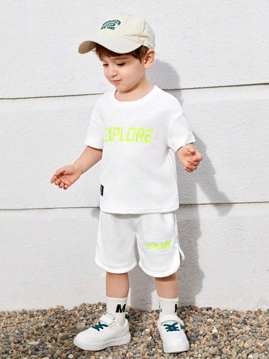 2pcs Young Boys' Loose Fit Casual Round Neck Drop Shoulder Letter Printed T-Shirt And Pants Set White