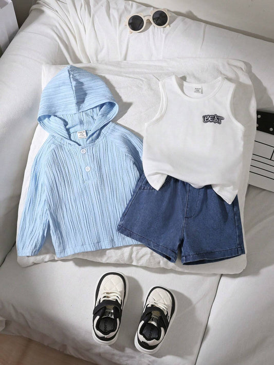 Baby Boys Casual Fashionable Texture Hoodie, Printed Vest And Denim Shorts Blue