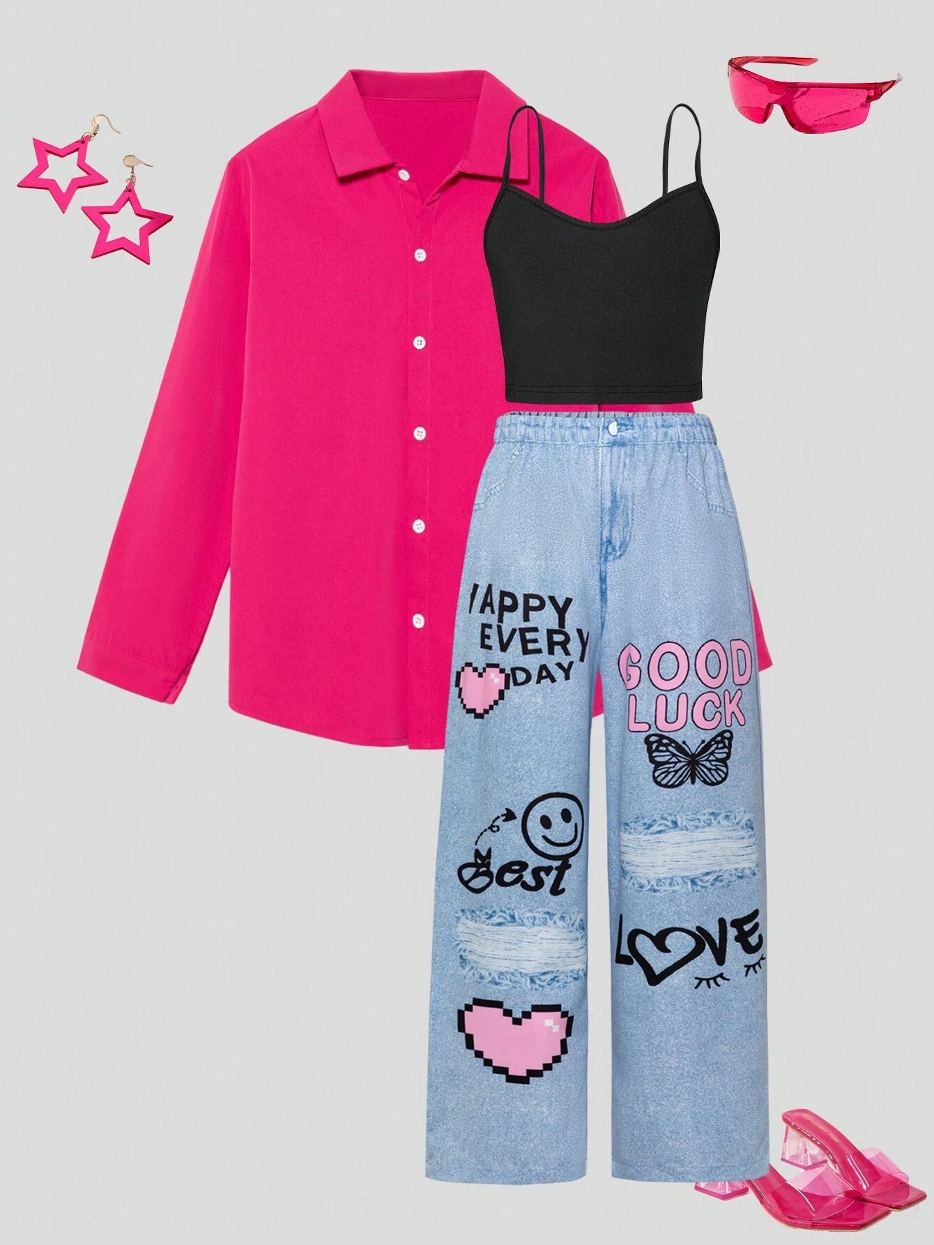 3pcs/Set Tween Girl Casual Open Front Shirt And Wide Leg Jeans Outfit With Vest Multicolor