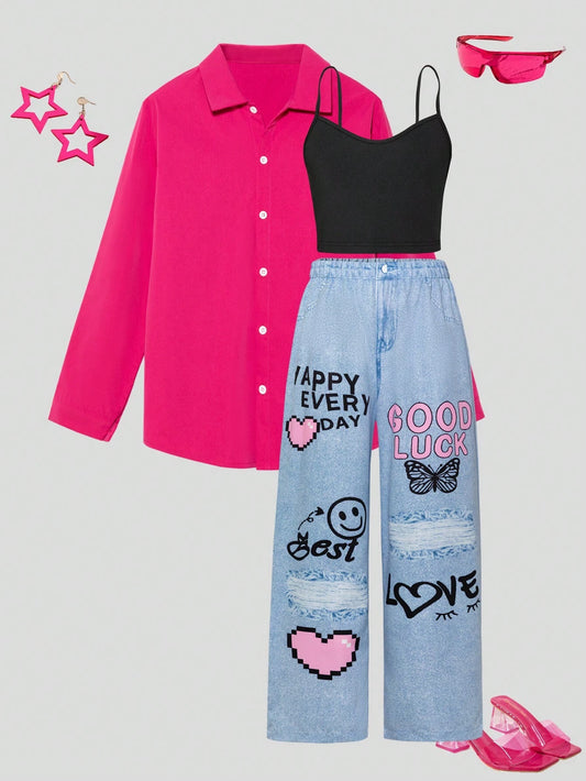 3pcs/Set Tween Girl Casual Open Front Shirt And Wide Leg Jeans Outfit With Vest Multicolor