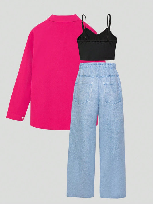 3pcs/Set Tween Girl Casual Open Front Shirt And Wide Leg Jeans Outfit With Vest
