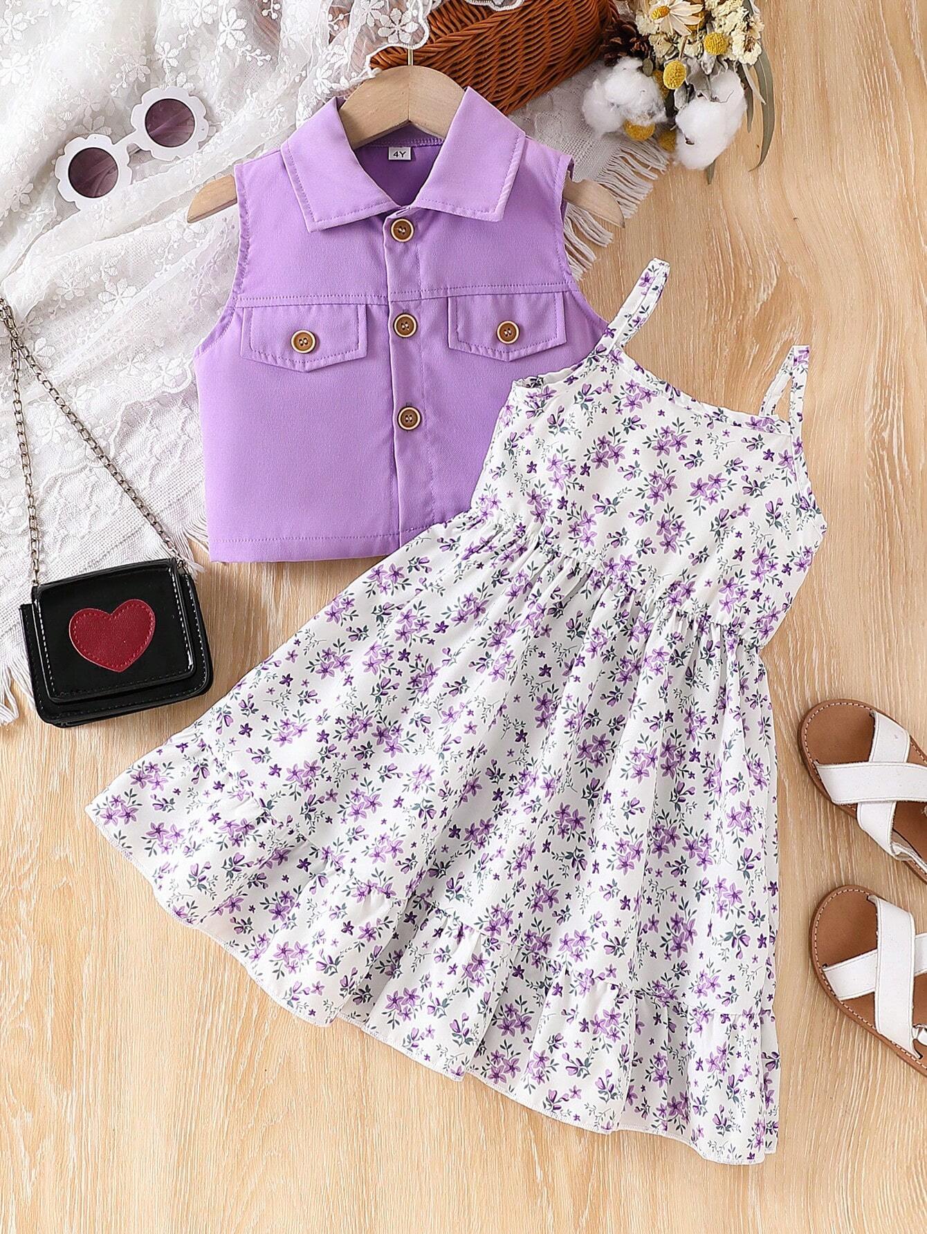 2pcs Young Girls' Casual Solid Color Sleeveless Short Shirt Jacket And Floral Allover Print Dress Set Purple