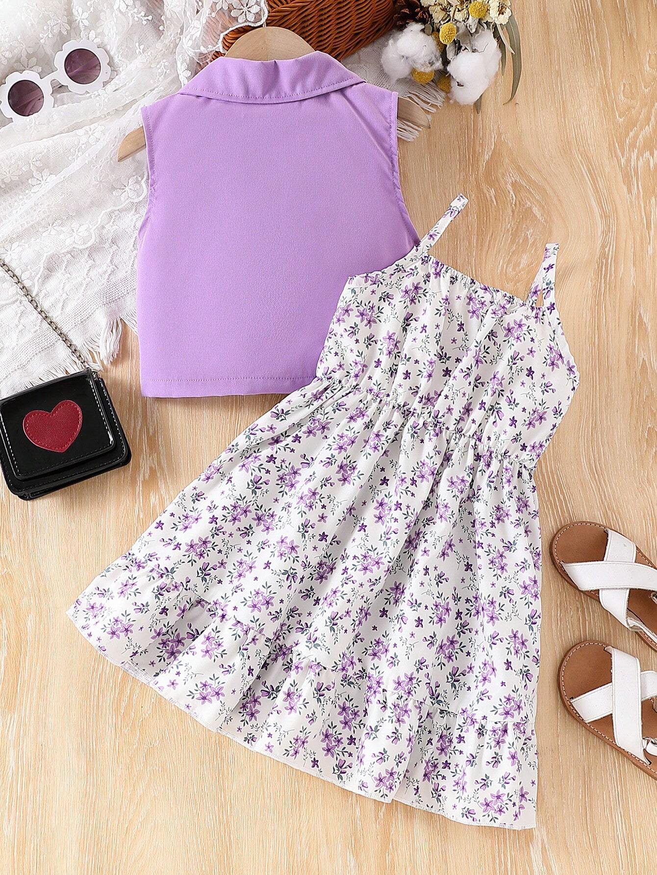 2pcs Young Girls' Casual Solid Color Sleeveless Short Shirt Jacket And Floral Allover Print Dress Set