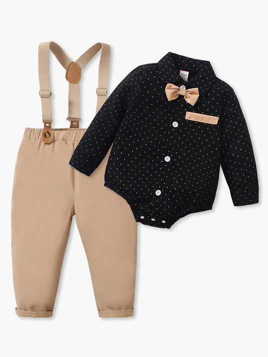 2pcs Baby Boy Gentleman Outfit, Polka Dot Long Sleeve Bowtie Shirt + Comfortable Bib Overalls Pants Multicolor
