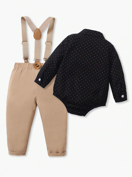 2pcs Baby Boy Gentleman Outfit, Polka Dot Long Sleeve Bowtie Shirt + Comfortable Bib Overalls Pants