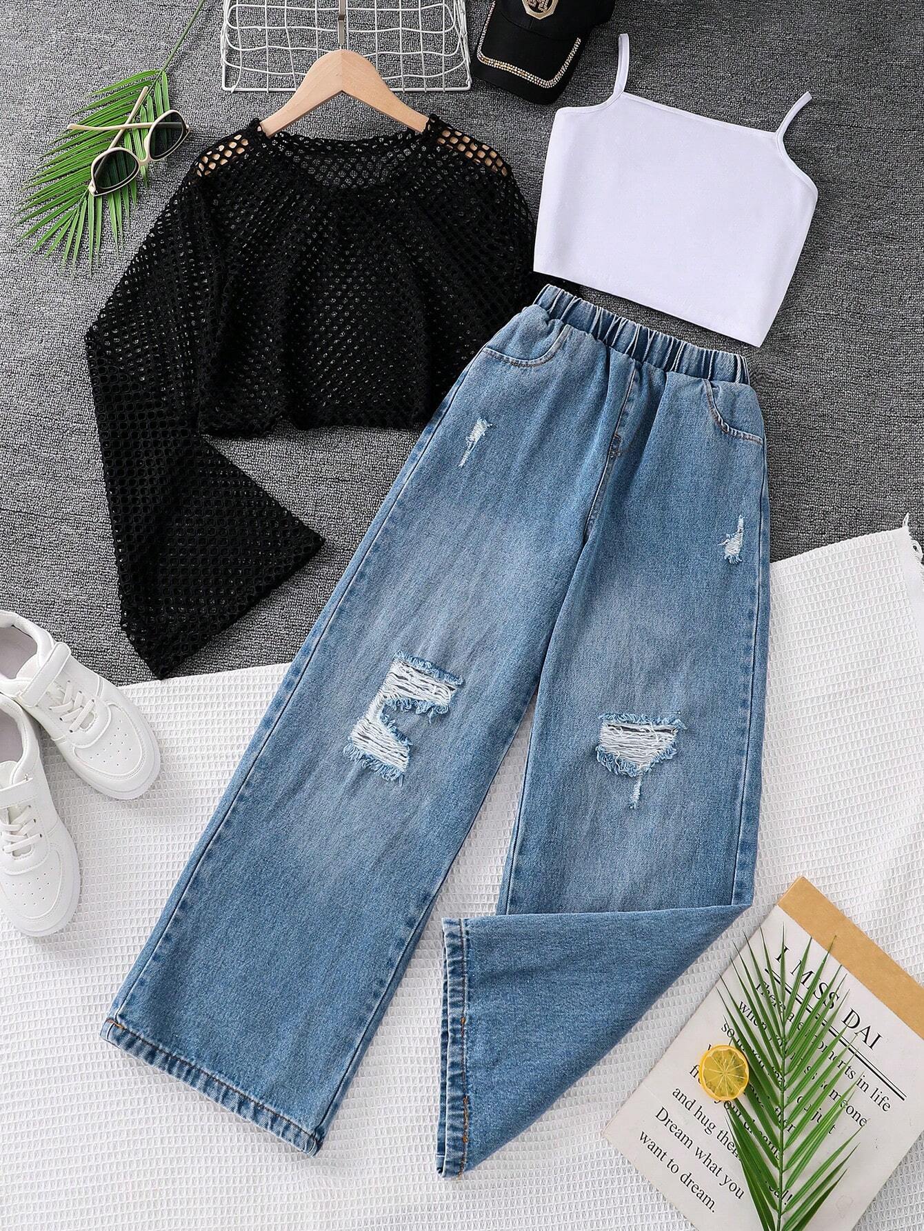 Teen Girls Solid Color Simple Daily Top & Jeans Set Black