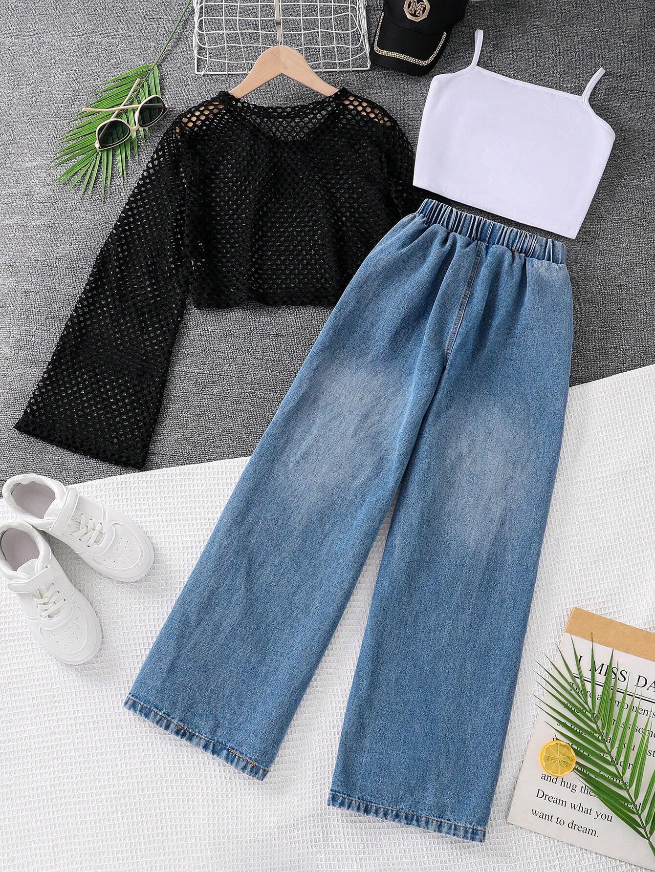 Teen Girls Solid Color Simple Daily Top & Jeans Set