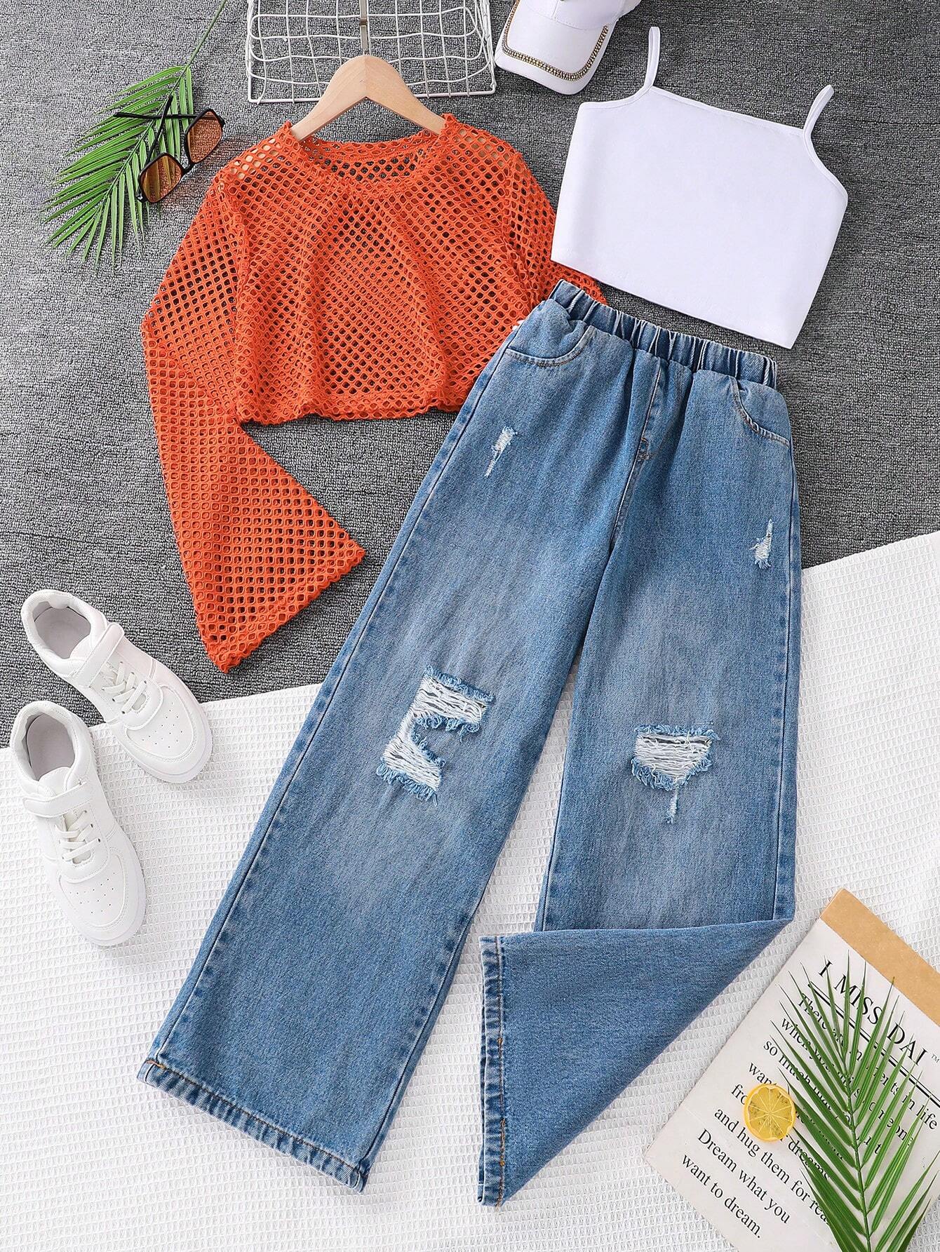 Teen Girls Solid Color Simple Daily Top & Jeans Set Orange