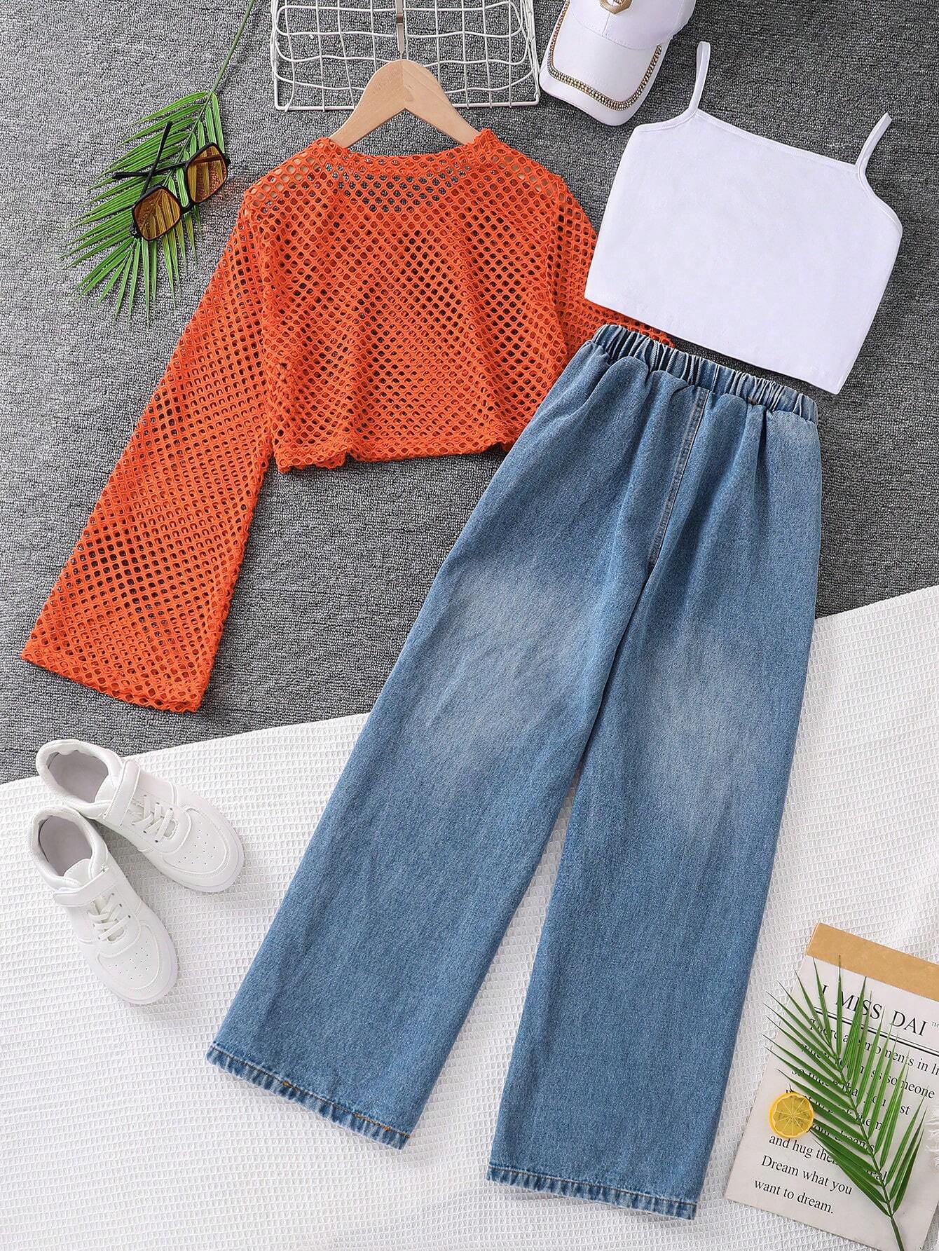 Teen Girls Solid Color Simple Daily Top & Jeans Set