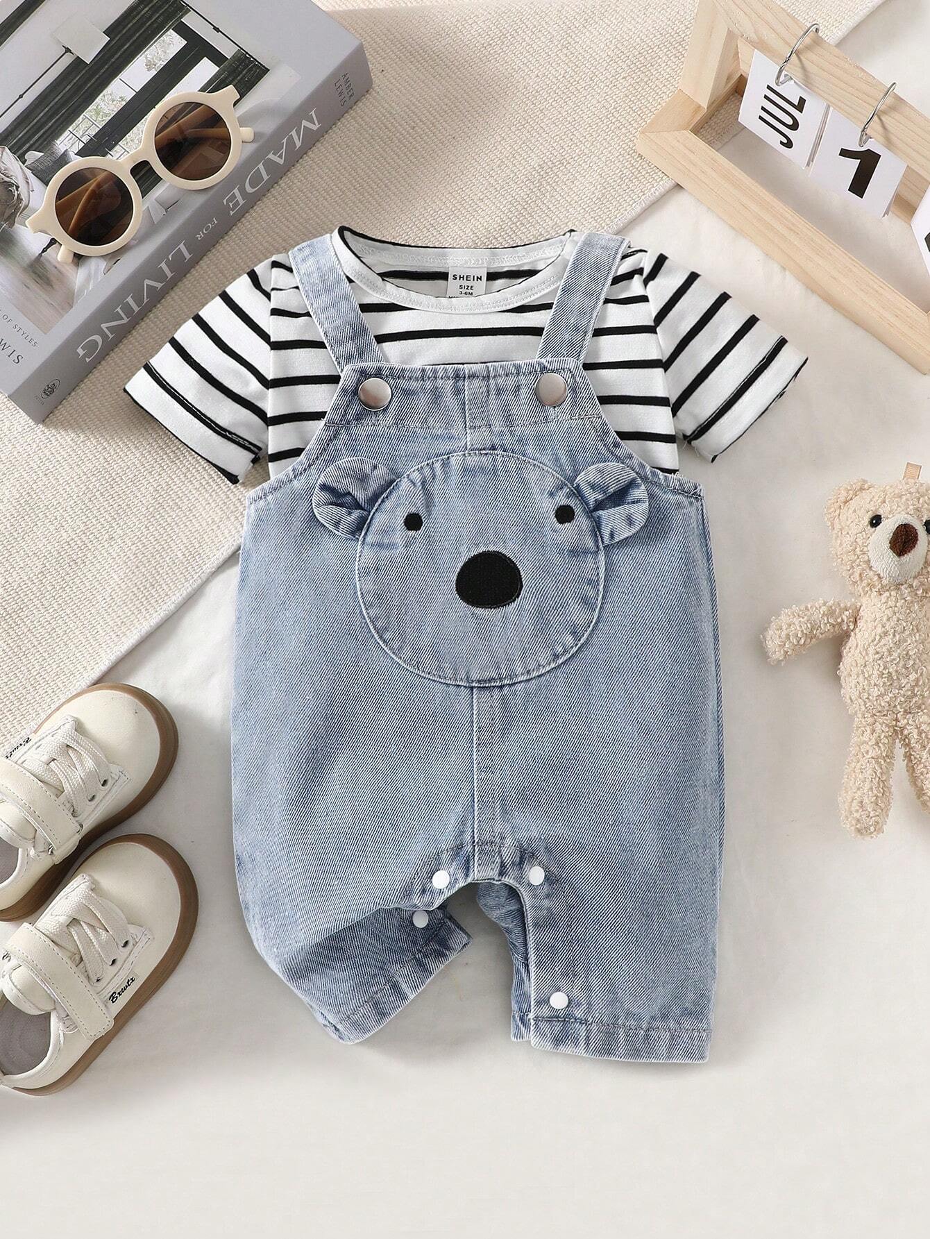 Baby Boy Cartoon Graphic 3D Ear Design Denim Romper Blue