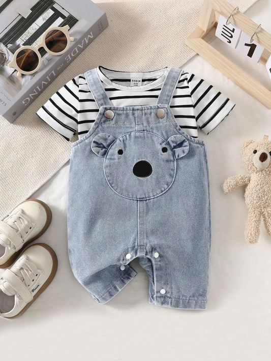 Baby Boy Cartoon Graphic 3D Ear Design Denim Romper Blue