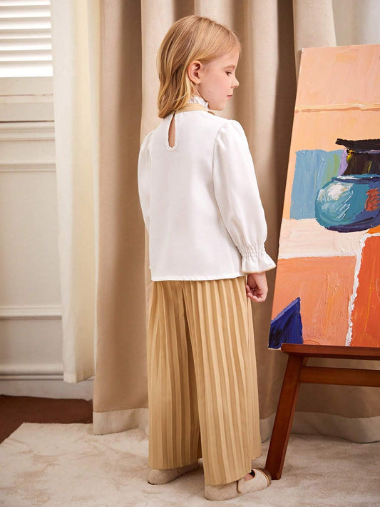 Young Girls' Stand Collar Contrast Trim Long Sleeve Top And Solid Color Pleated Pants