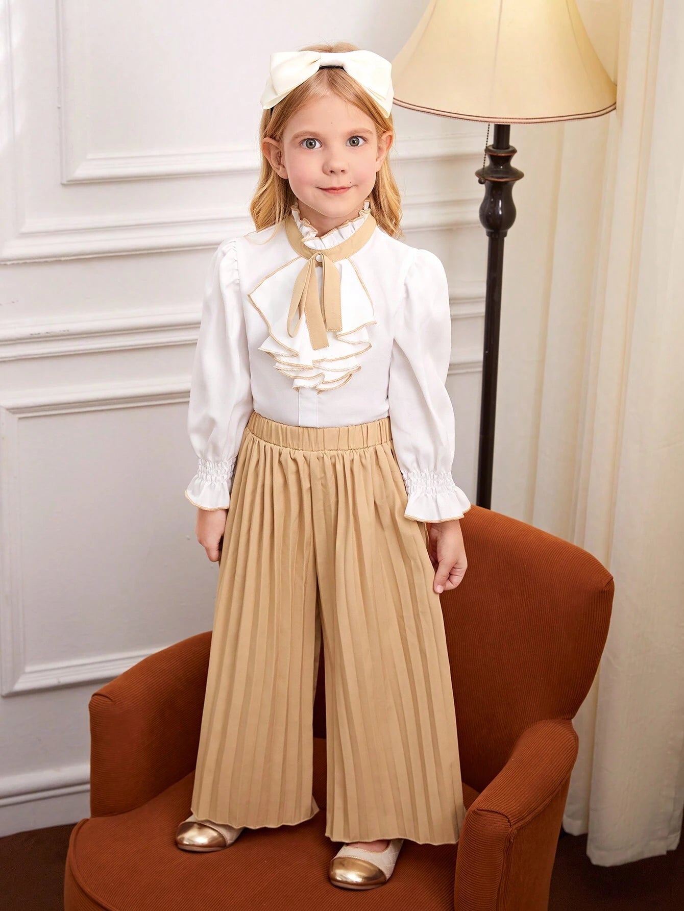 Young Girls' Stand Collar Contrast Trim Long Sleeve Top And Solid Color Pleated Pants
