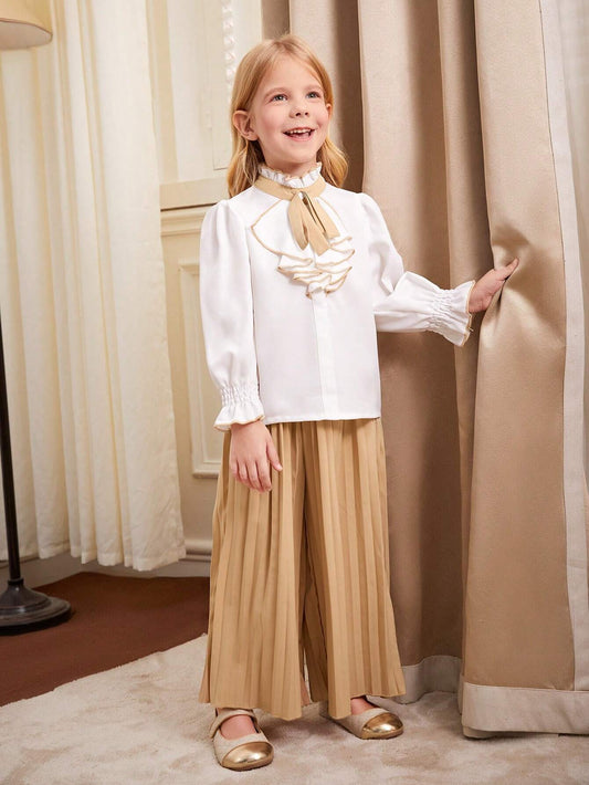 Young Girls' Stand Collar Contrast Trim Long Sleeve Top And Solid Color Pleated Pants Multicolor
