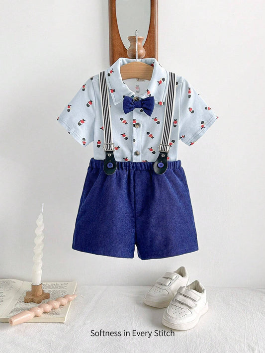Baby Boy Cartoon Printed Color Block Collared Short Sleeve Cardigan With Bowtie And Matching Shorts Blue