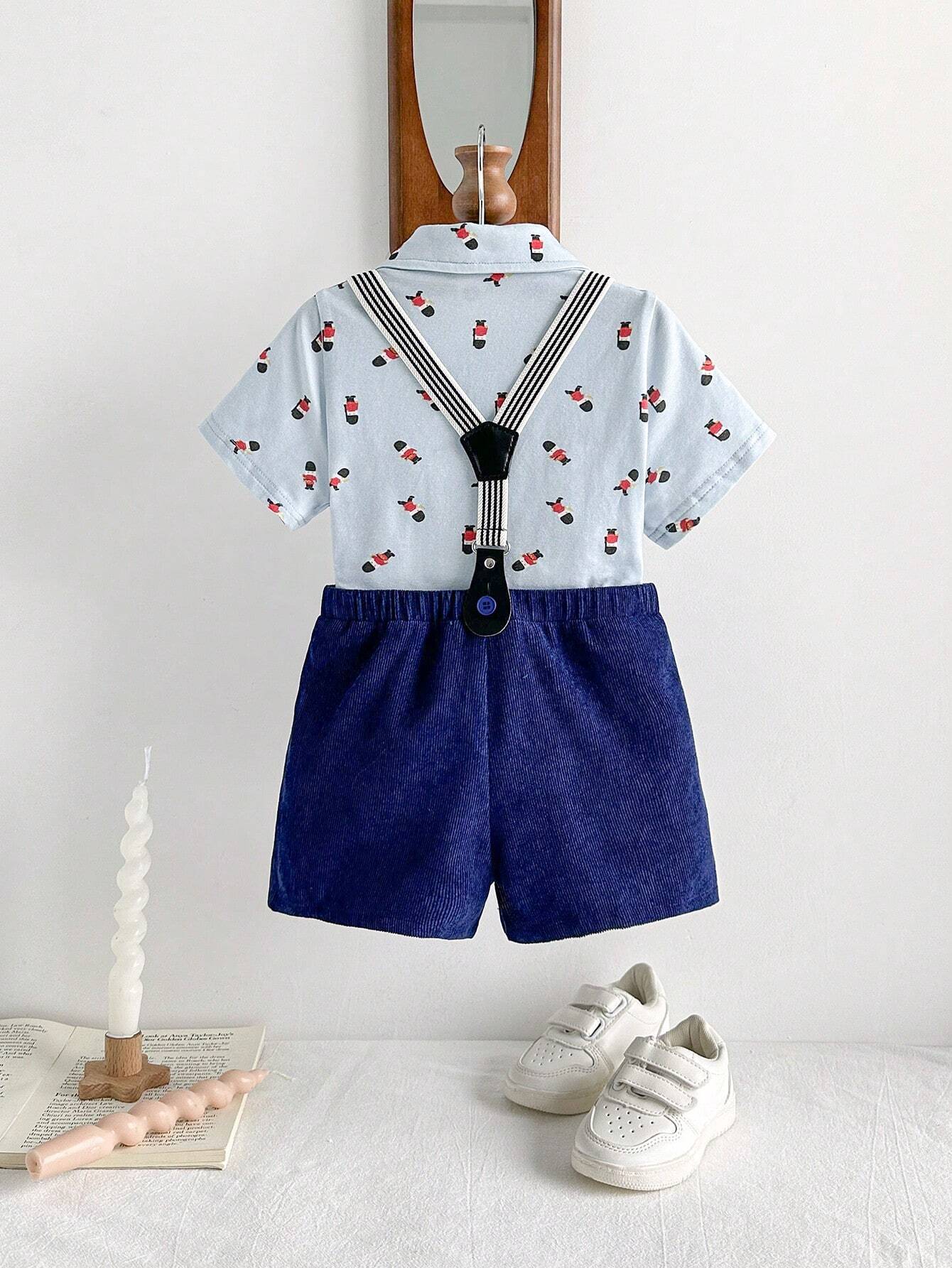 Baby Boy Cartoon Printed Color Block Collared Short Sleeve Cardigan With Bowtie And Matching Shorts