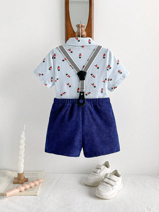 Baby Boy Cartoon Printed Color Block Collared Short Sleeve Cardigan With Bowtie And Matching Shorts