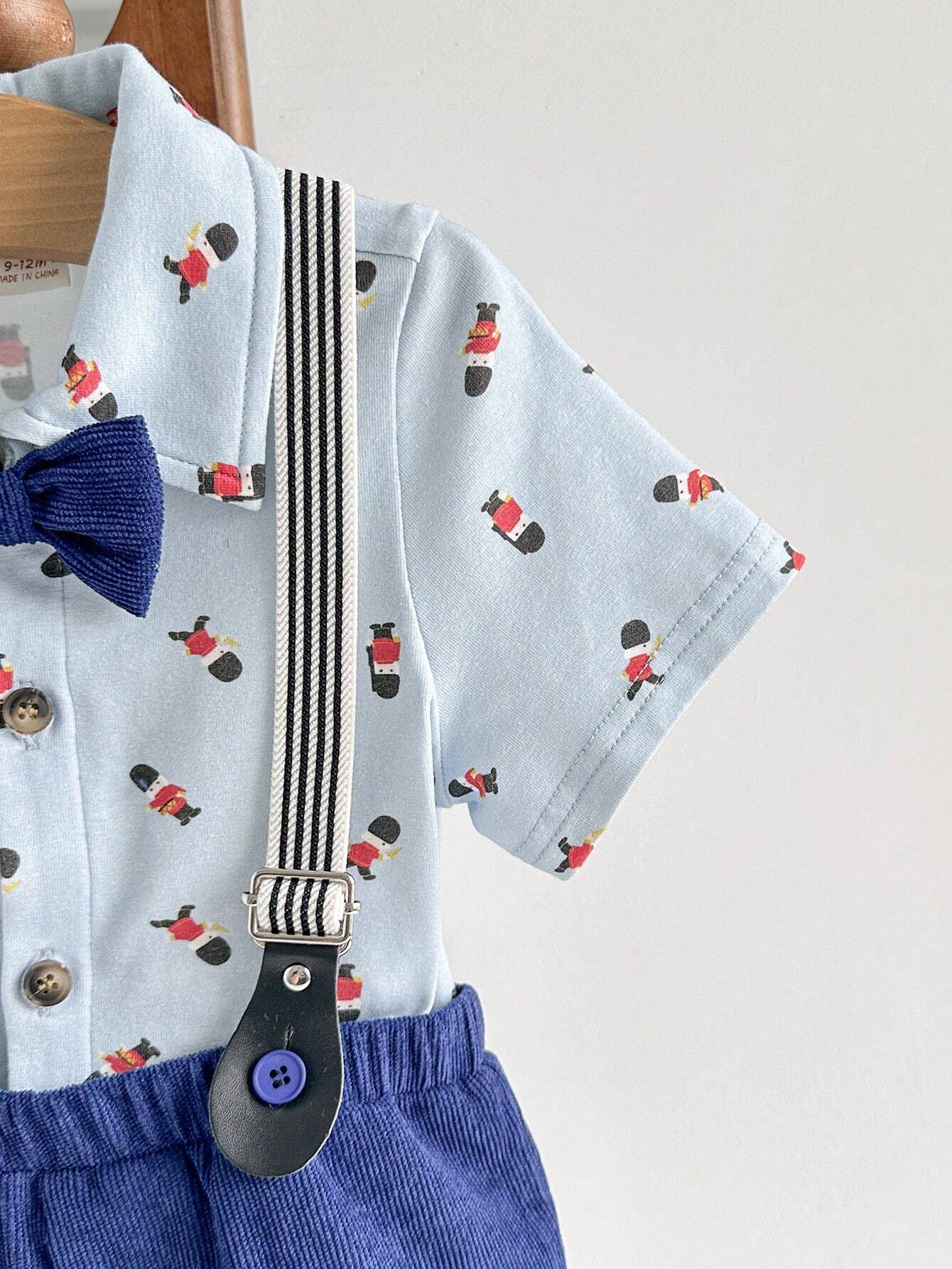 Baby Boy Cartoon Printed Color Block Collared Short Sleeve Cardigan With Bowtie And Matching Shorts
