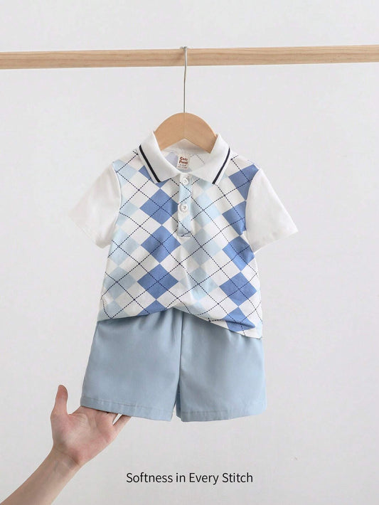 Baby Boy Colorful Plaid Contrast Collar Short Sleeve Button-Up Top Solid Color Shorts Outfit Blue & White