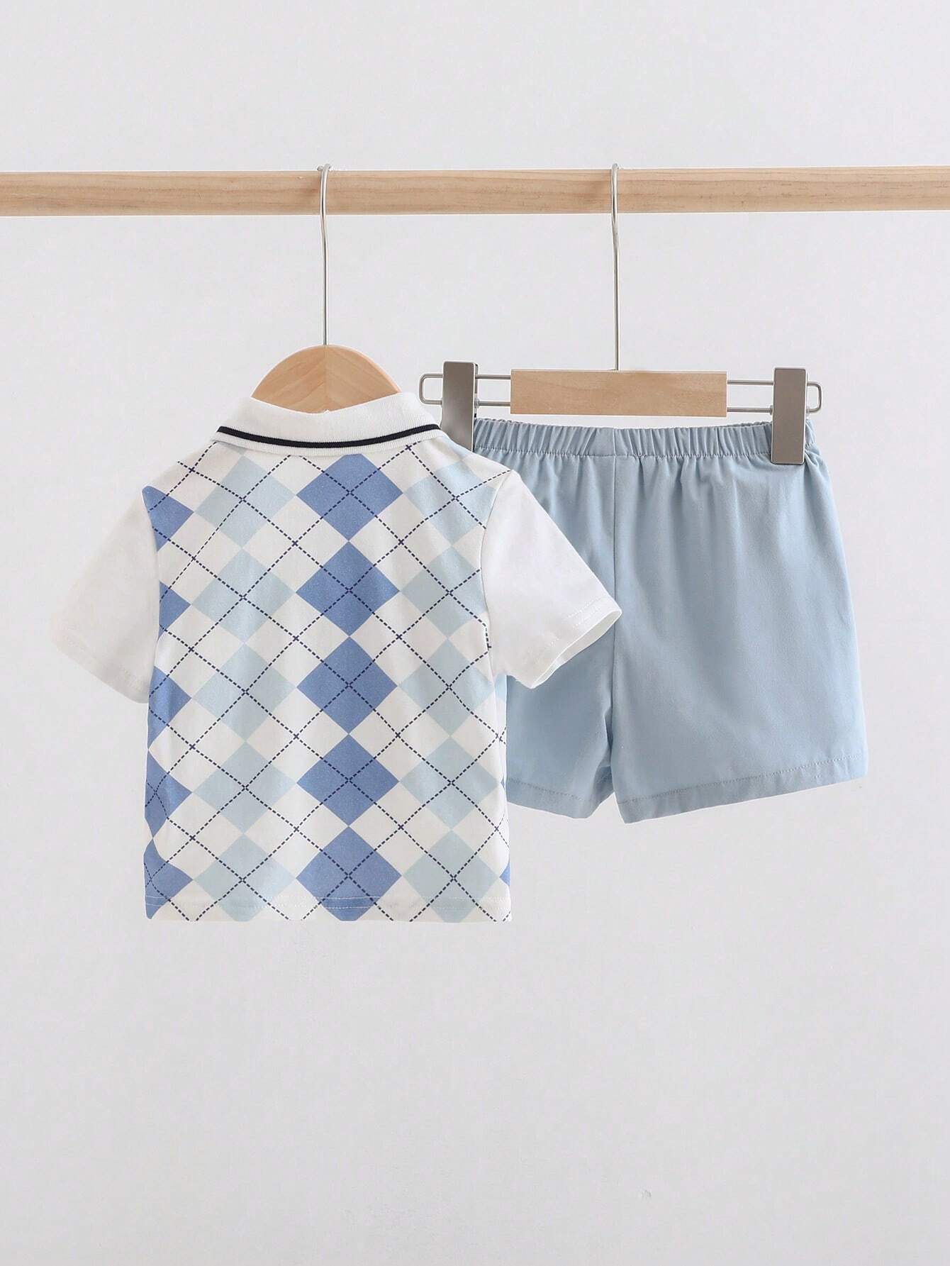Baby Boy Colorful Plaid Contrast Collar Short Sleeve Button-Up Top Solid Color Shorts Outfit