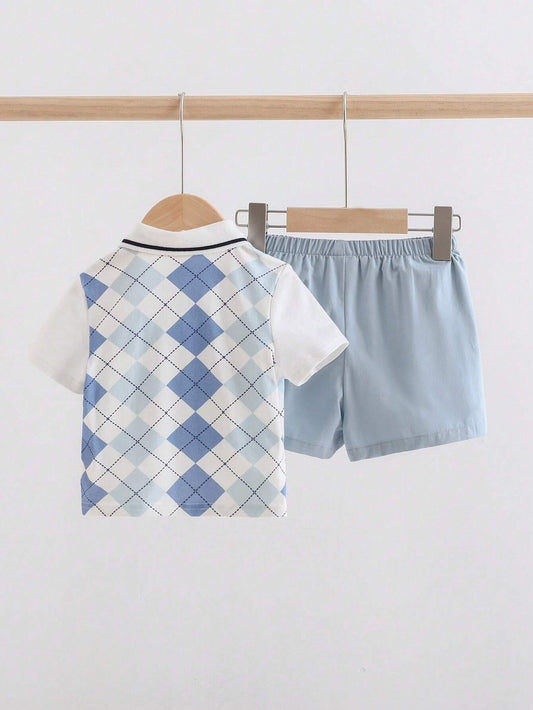 Baby Boy Colorful Plaid Contrast Collar Short Sleeve Button-Up Top Solid Color Shorts Outfit