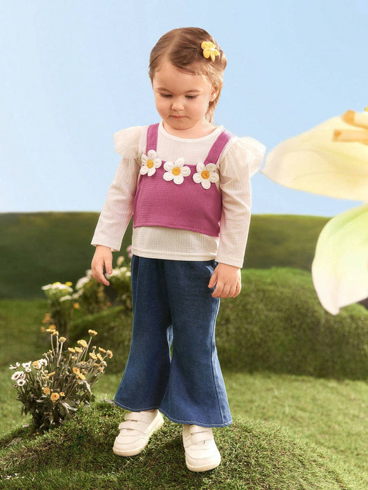 Baby Girls' Flower Decorated Long Sleeve Top And Jeans Outfit Multicolor