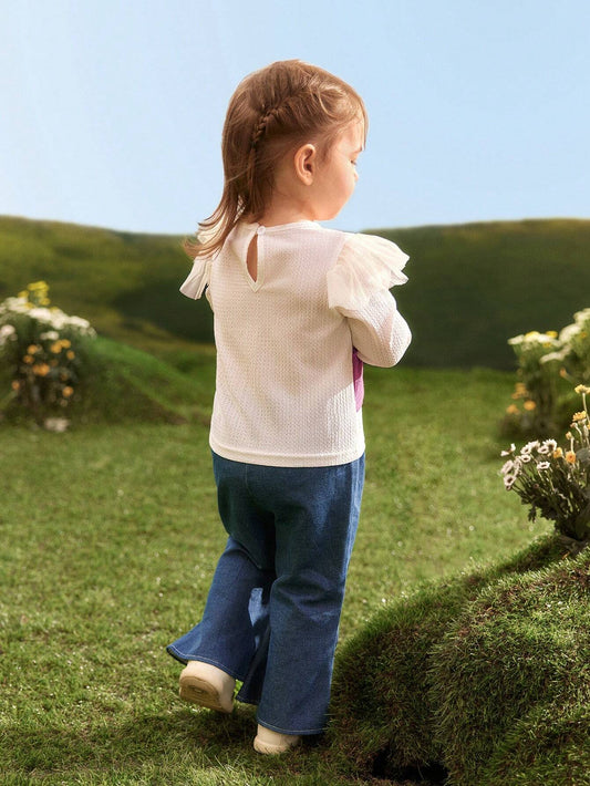 Baby Girls' Flower Decorated Long Sleeve Top And Jeans Outfit