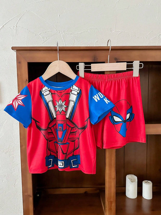 2pcs Cute Cartoon Heroes Round Neck Short Sleeve T-Shirt And Shorts Set Multicolor