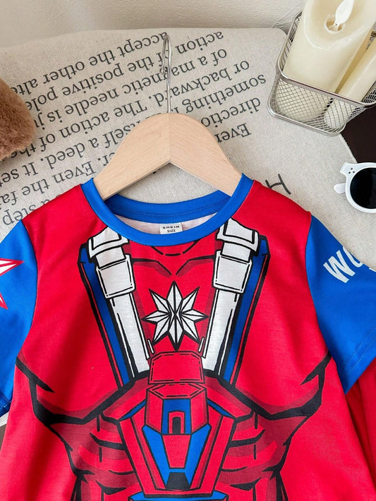 2pcs Cute Cartoon Heroes Round Neck Short Sleeve T-Shirt And Shorts Set