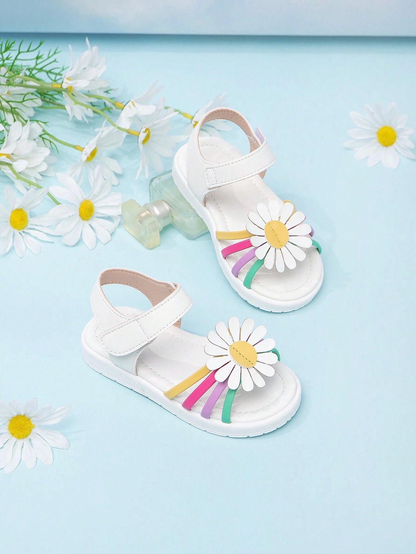 Little Girls' Rainbow Flower Decorated Open-Toe Sandals White