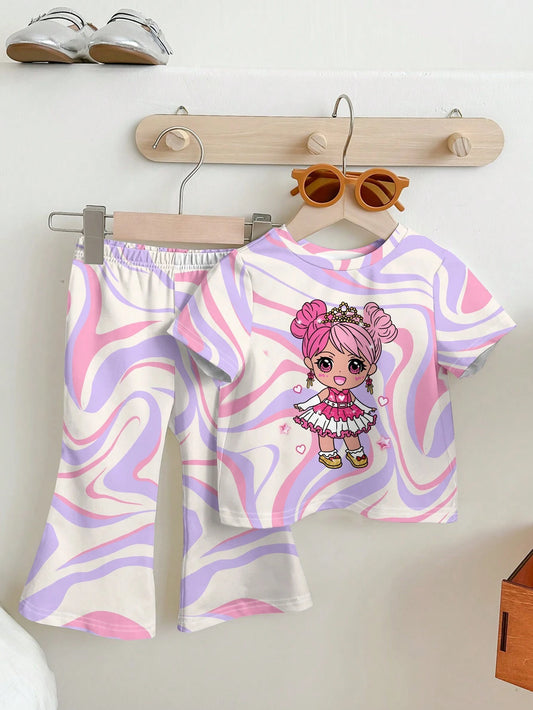 Baby Girl Casual Cartoon Teenage Girl Pattern Short Sleeve Round Neck Top And Long Pant Set Multicolor