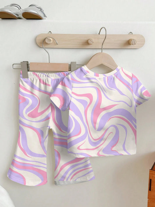 Baby Girl Casual Cartoon Teenage Girl Pattern Short Sleeve Round Neck Top And Long Pant Set