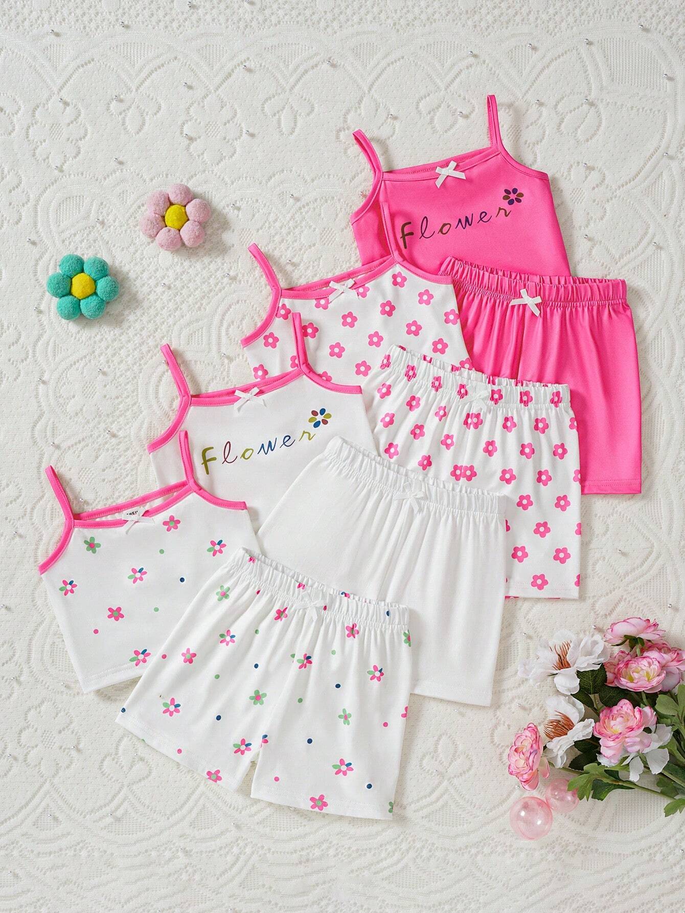 8pcs Baby Girls' Comfortable And Versatile Floral Print Tank Top And Shorts Set Pink