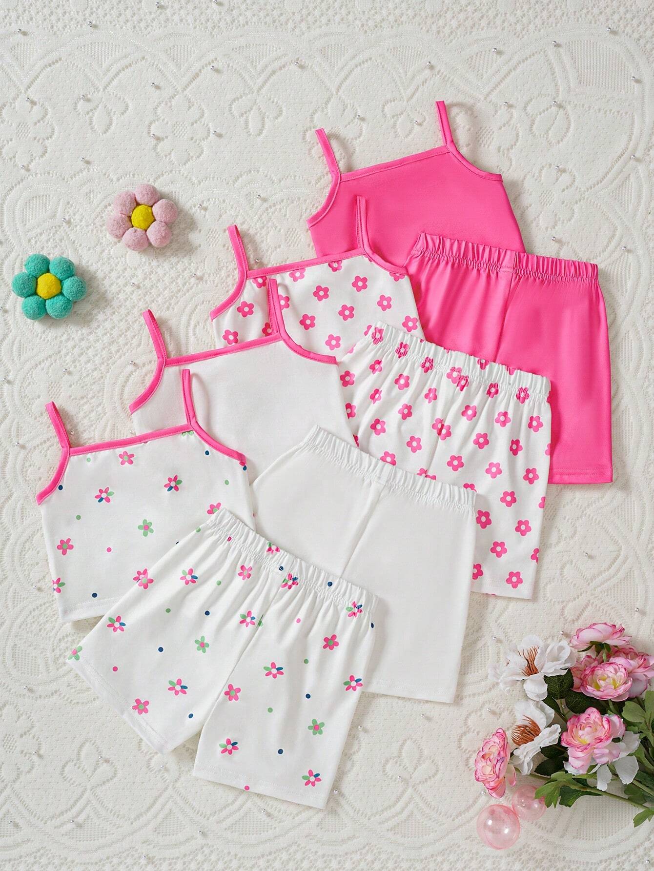 8pcs Baby Girls' Comfortable And Versatile Floral Print Tank Top And Shorts Set