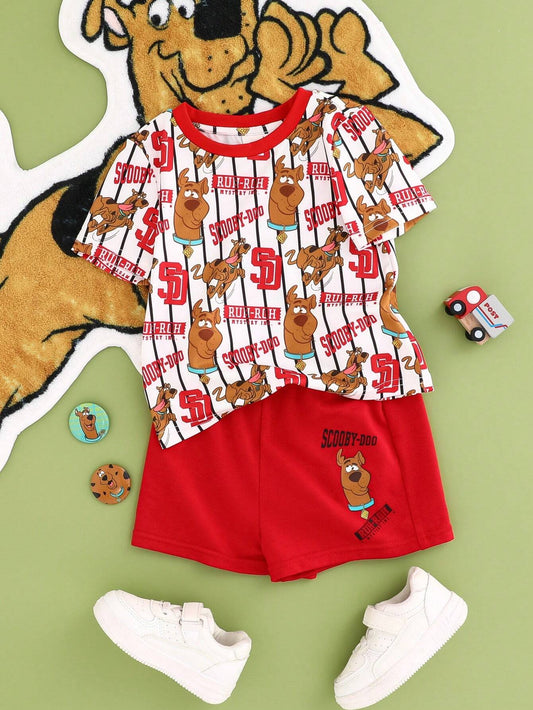 Baby Boy Cartoon Dog Printed Striped Casual Regular Short Sleeve T-Shirt And Red Shorts Red