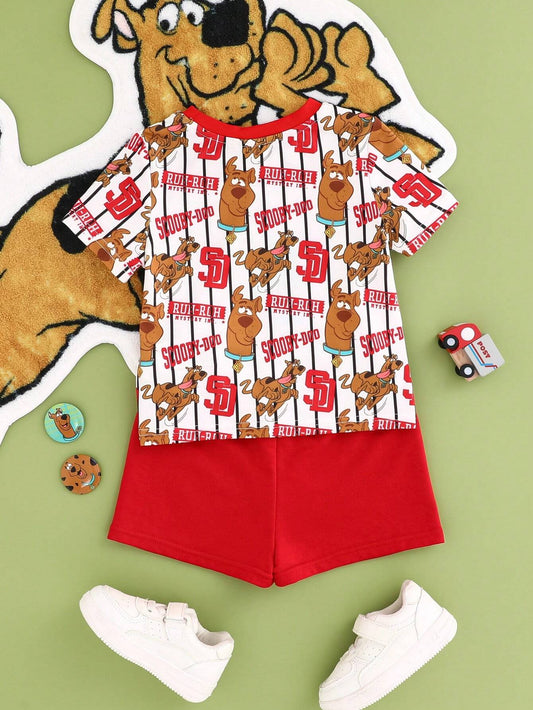 Baby Boy Cartoon Dog Printed Striped Casual Regular Short Sleeve T-Shirt And Red Shorts