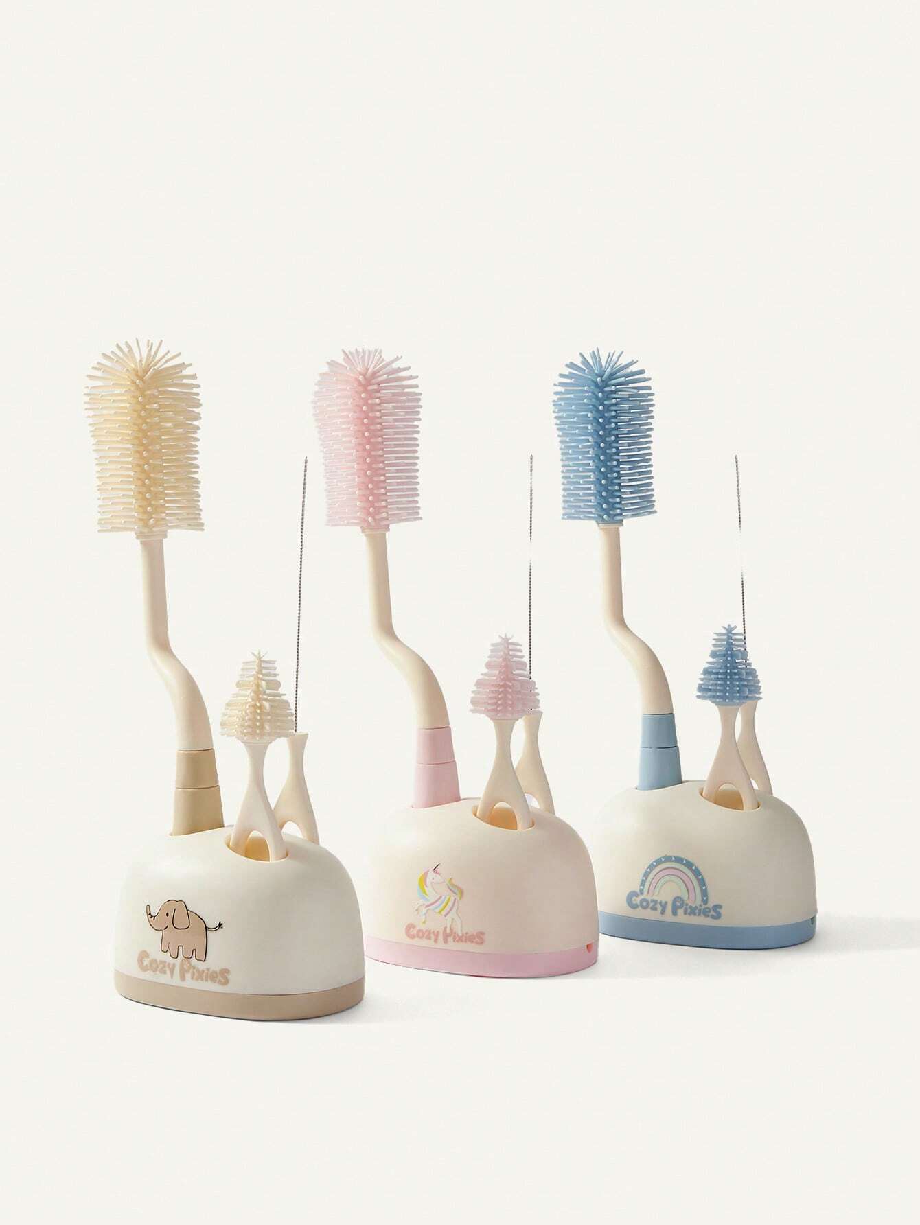 Cozy Pixies Cozy Pixies Baby Bottle Feeding Accessory, 3pcs Blue Rainbow Bottle Cleaning Brush Set