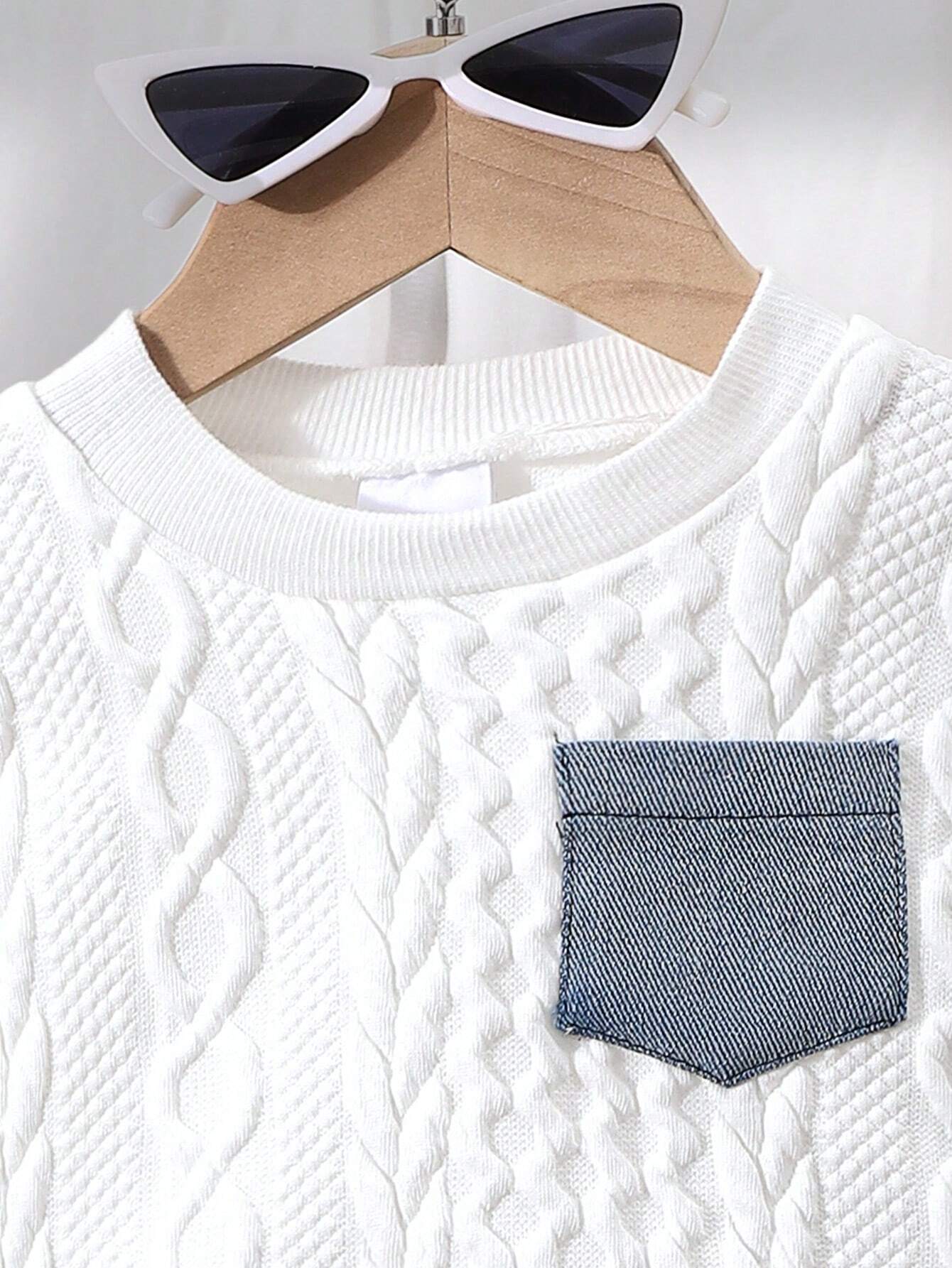 Baby Boy Patchwork Denim Pocket Round Neck Long Sleeve Top And Distressed Jeans Set