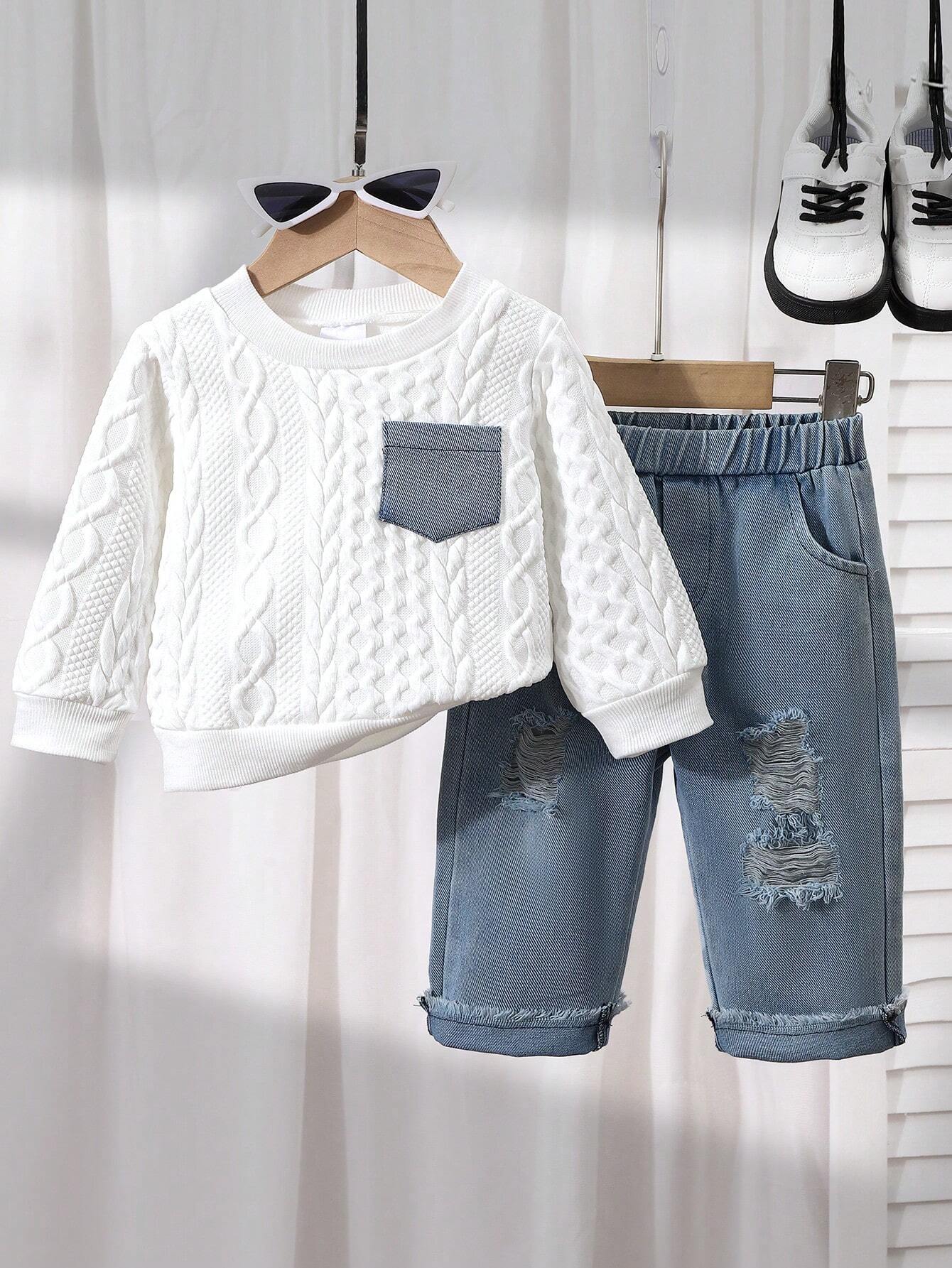 Baby Boy Patchwork Denim Pocket Round Neck Long Sleeve Top And Distressed Jeans Set White