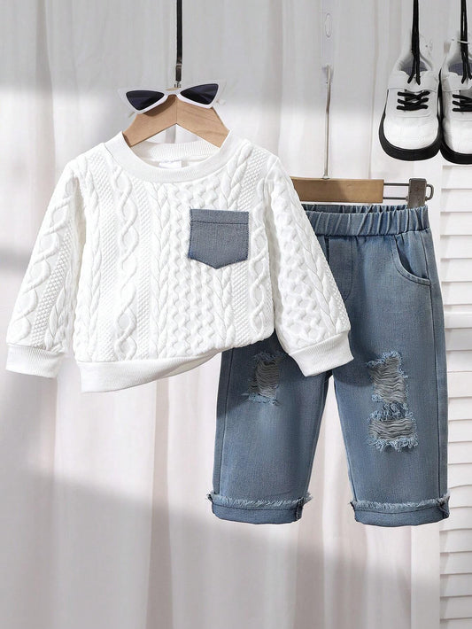 Baby Boy Patchwork Denim Pocket Round Neck Long Sleeve Top And Distressed Jeans Set White