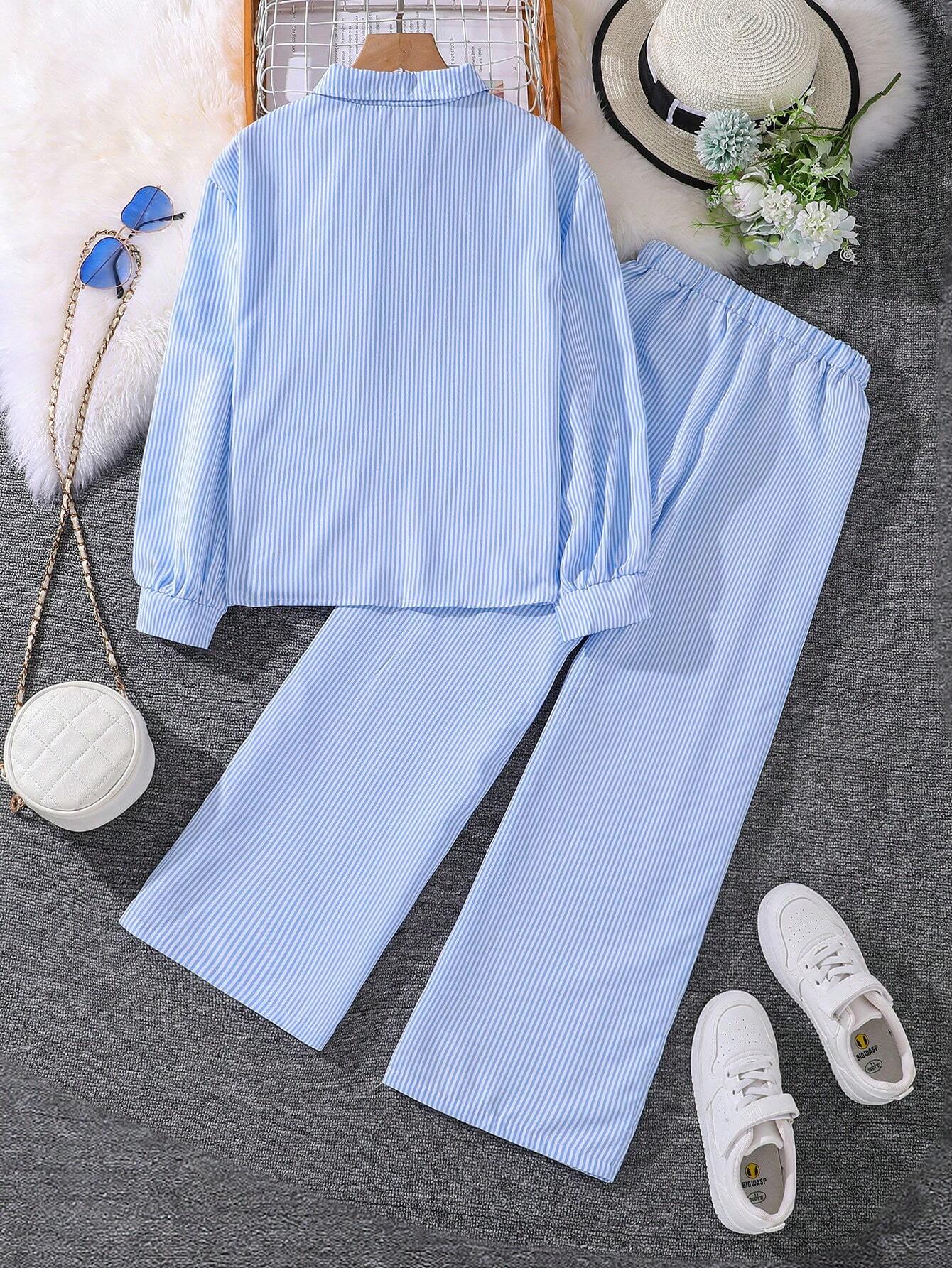 Tween Girl 2-Piece Set New Autumn Turn-Down Collar Long Sleeve Shirt And Long Pants